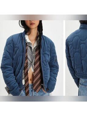 Free People Aura Liner Jacket Boho Indie Grunge Blue Hipster Y2K Bomber Women XL